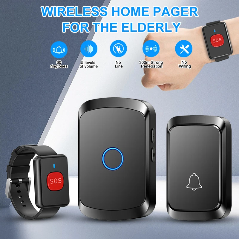Wireless Elderly Caregiver Pager SOS Call Button Watch Wireless Doorbell One Key Alarm For Patient Kids Elderly Man Safety Alarm