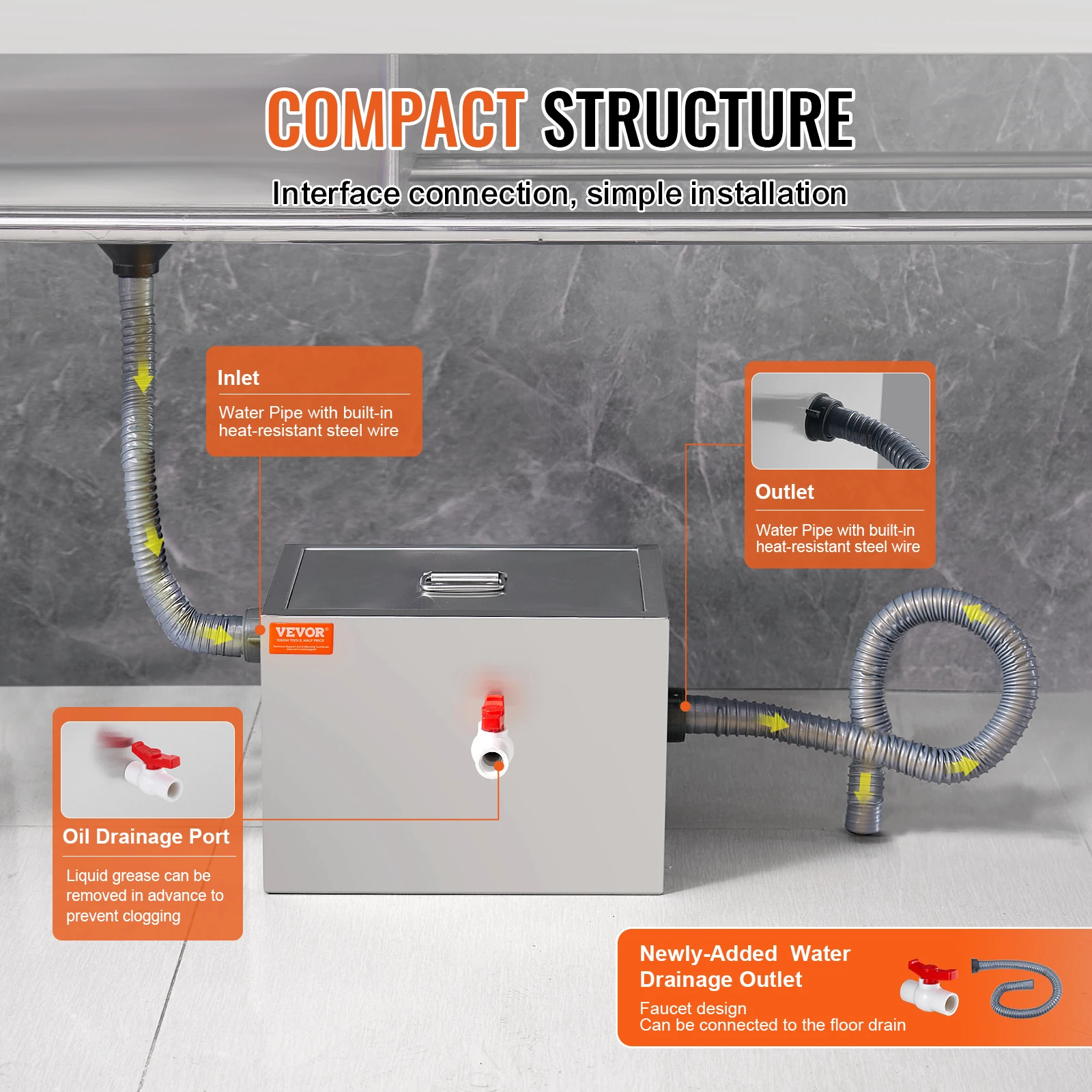 SucceBuy 8/40LBS Perangkap Minyak Komersial Interceptor Inlet Samping Interceptor Di Bawah Wastafel Perangkap Minyak Stainless Steel 2.8 GPM
