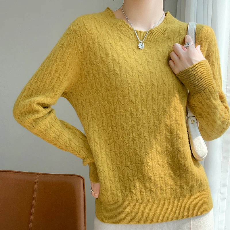 

Женский свитер из 100% шерсти с круглым вырезом, витой пуловер, свободная вязаная трикотажная рубашка на осень и зиму, базовая рубашка