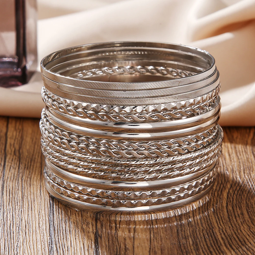 New Arrivals 16PCS/SET Silver Color Metal Copper Big Circle Bracelet Bangles Sets for Women Girls Punk Bracelet Jewelry