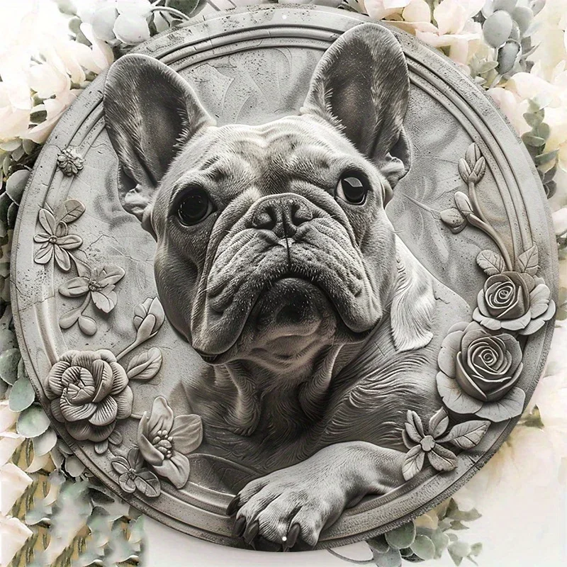 Aluminum Metal Sign Circular Metal Plaque Decoration Black And White Art Print Of French Bulldog wall decor room farmhouse decor