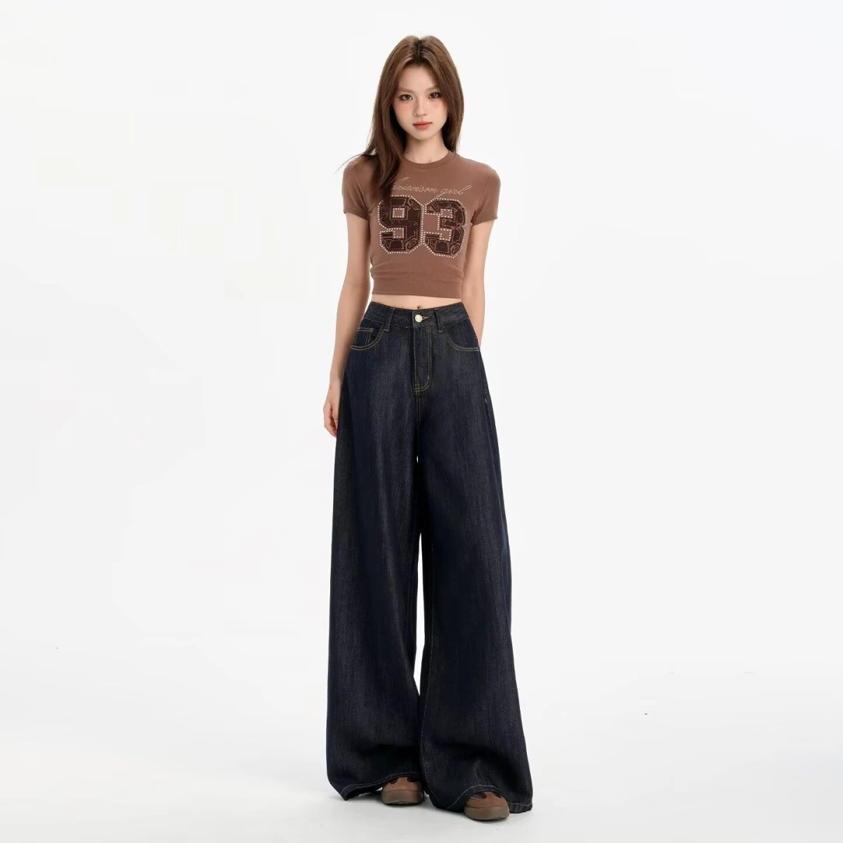 

Женские джинсы с высокой талией и широкими штанинами, свободные, струящиеся, в пол, весна-осень, новые, темно-синие