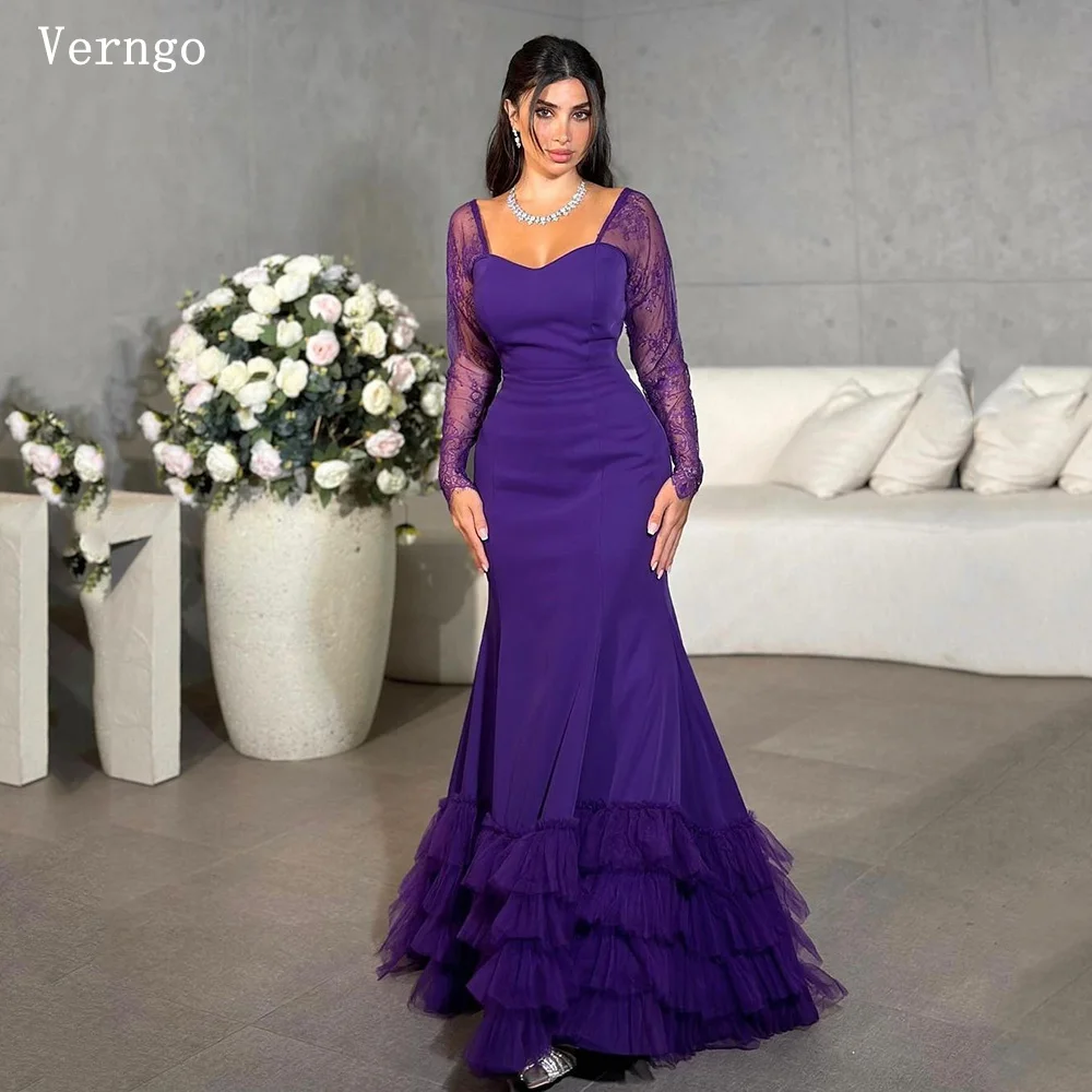 

Verngo Purple Crepe Evening Dress Sweetheart Full Sleeves Prom Dress Mermaid Elegant Saudi Arabic Prom Party Dresses