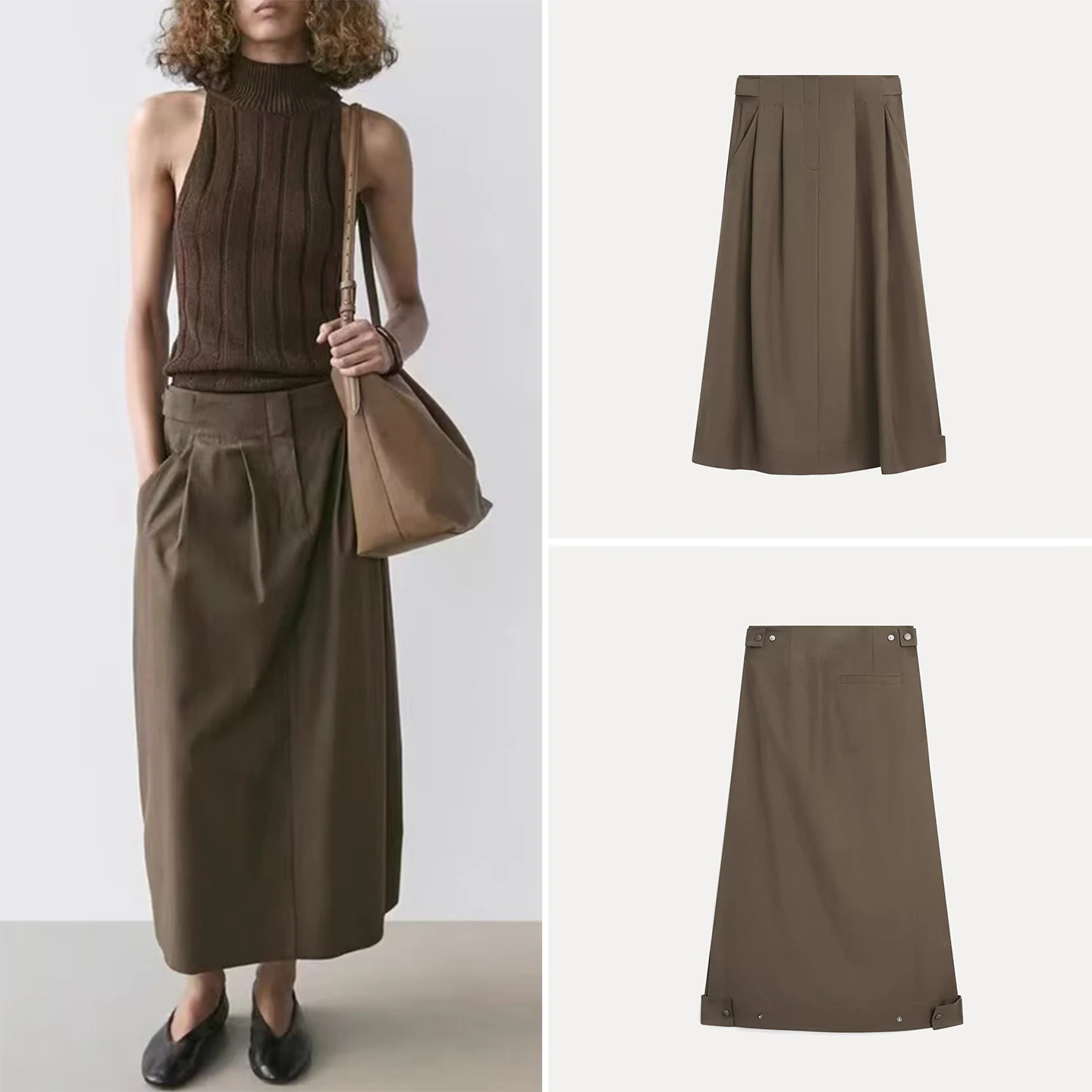 Spring 2026 Women's Midi Skirt Simple Commuter Style Pure Color Pleated A-Line Half Body Skirt Standard Fit Ladies' Skirt