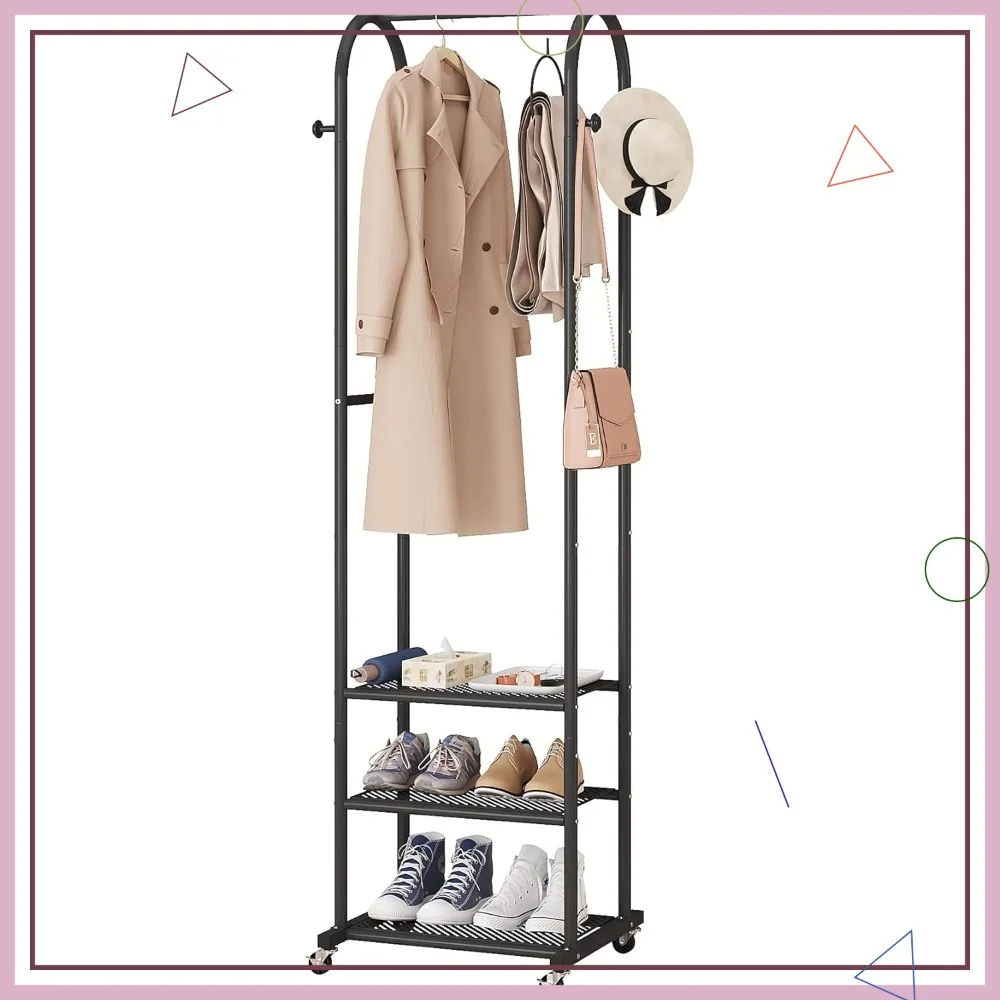 

3-in-1 Rolling Hall Tree with Shoe Storage, Heavy-Duty Metal Coat Rack for Small Spaces Entryway Organization