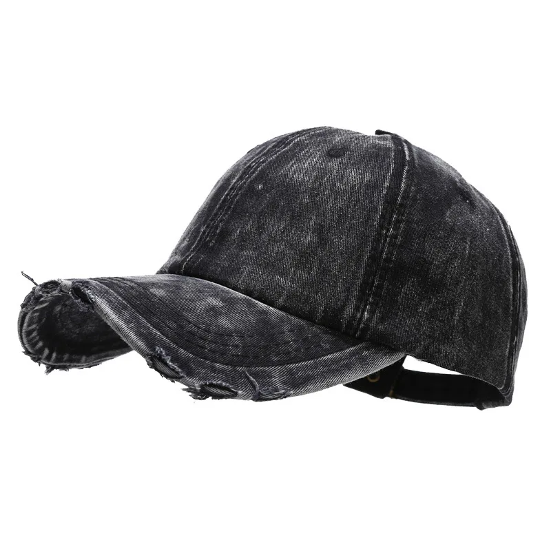 2025 nueva gorra de béisbol azul vaquera desgastada para mujer, parte superior suave, ala curva, borde rasgado, sombrero para el sol, ropa de calle