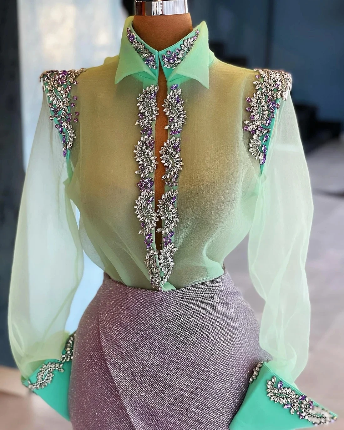 Mint Green Cocktail Dresses Sheath Long Sleeves Tulle Beaded Short Mini Homecoming Dresses Haute Couture Customized