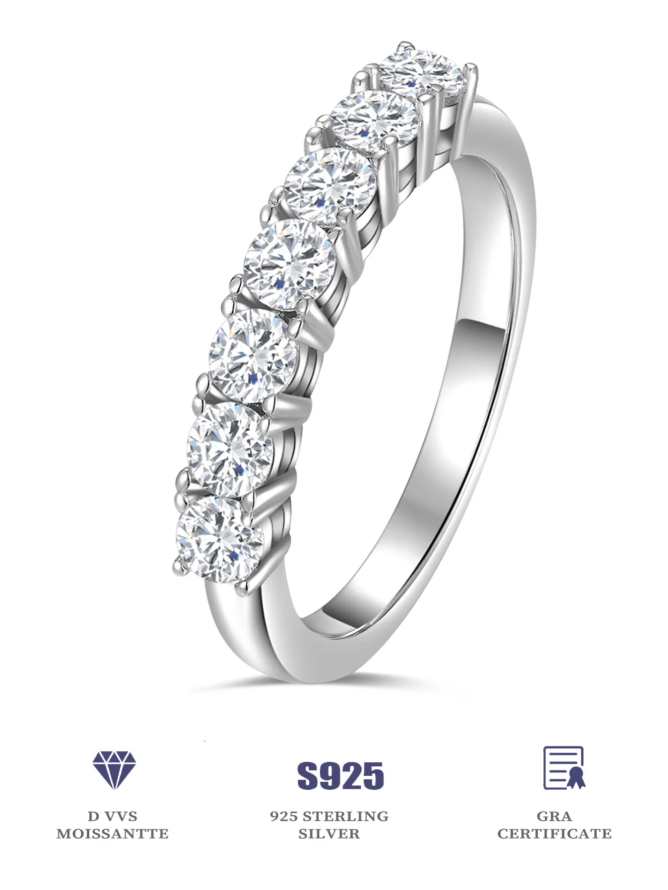 

Classic 18K Platinum Plated VVS D Moissanite 7*0.1 Carat Ice Out 925 Sterling Silver Eternity Wedding Band Ring Stackable Ring