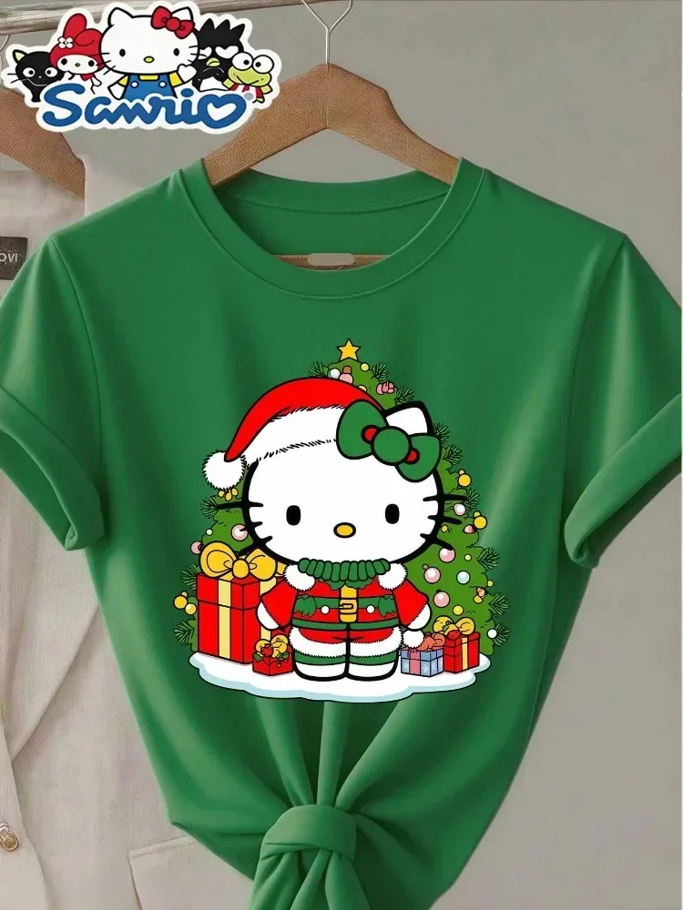 Christmas Spirit Captured Kitty Cat Print Women Elegant Crew Neck Short Sleeve TShirt Letter Print Soft and Versatile Casual Top