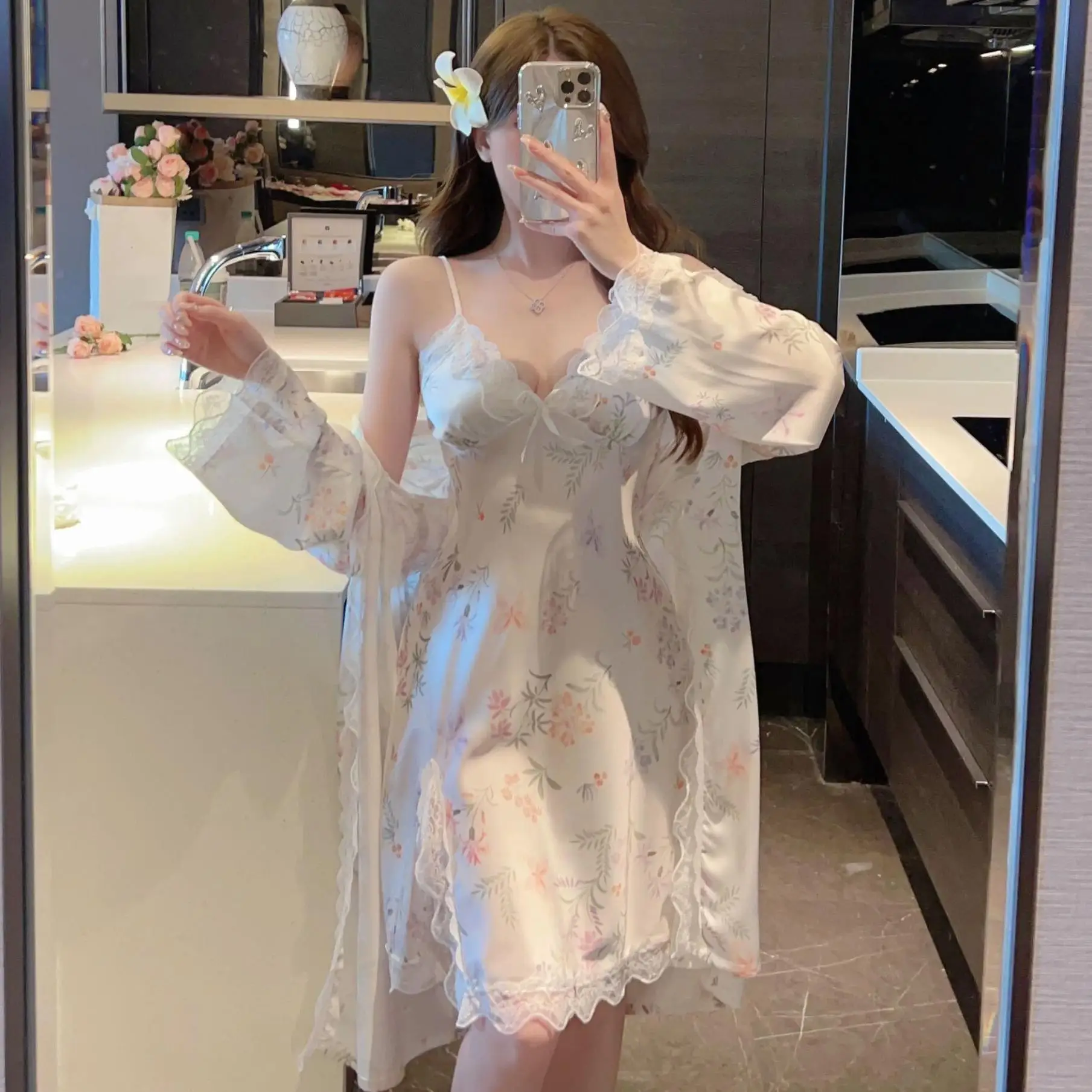 Print Twinset Robe Set Bride Nightgown Women Lace Gown Kimono Nightwear Lingerie Bathrobe Set Rayon Sleepwear Loungewear