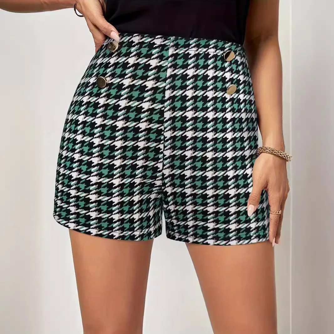 Elegant and Classic Houndstooth Elastic Waistband Button Decoration Shorts Versatile Commuting Five Quarter Pants Casual Pants