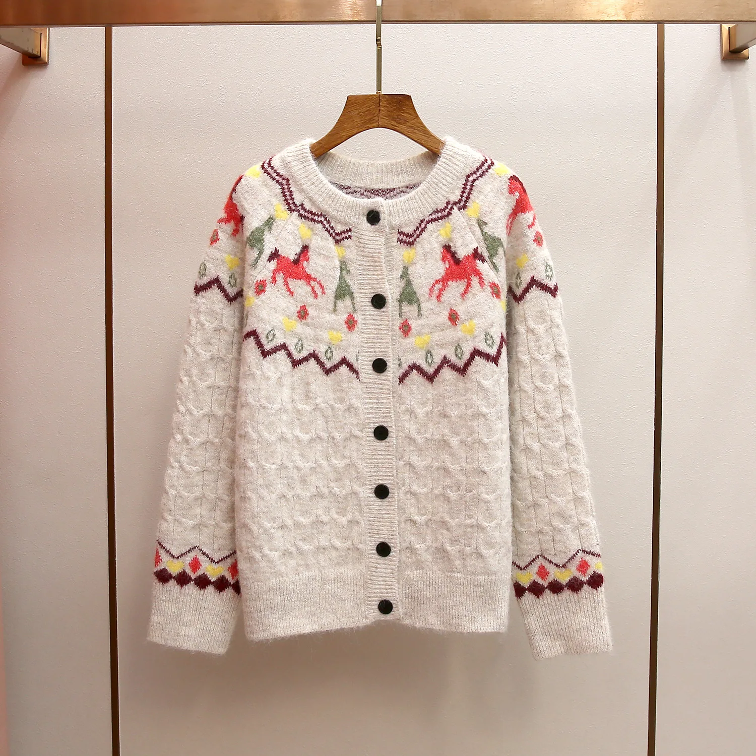 

MaSande High-End Women's Knitted Sweater Spring New round Ne Fluffy Fair Isle Color Blo Polyester Fiber Open Cardigan