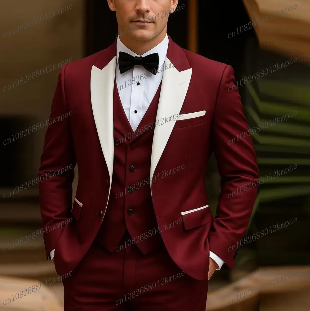 

White Collar Dark Red Formal Men Suit Groom Groomsman Wedding Party Prom Business Male Tuxedos 3 Piece Set Blazer Vest Pants