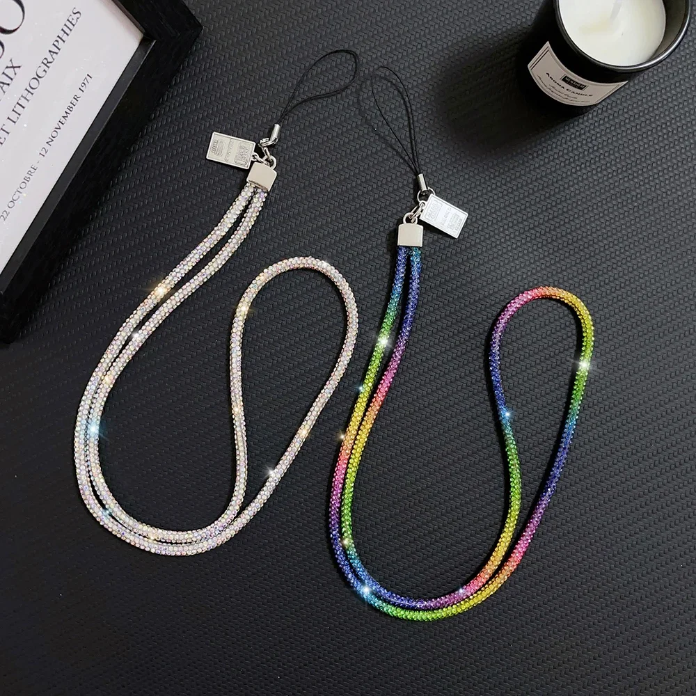 For Mobile Phone Case Rainbow Colorful Rhinestone Trim Cotton Core Base Lanyard Pendant Long Rope Necklace Neck Strap Chain