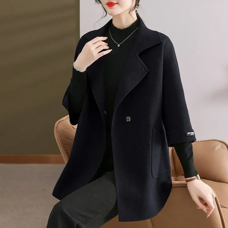 Spring  Autumn 2026 New Chic Casual Woolen Jacket Women's Overcoat Fashion Loose Elegant 7-Sleeve Wool Trenchcoat Coat