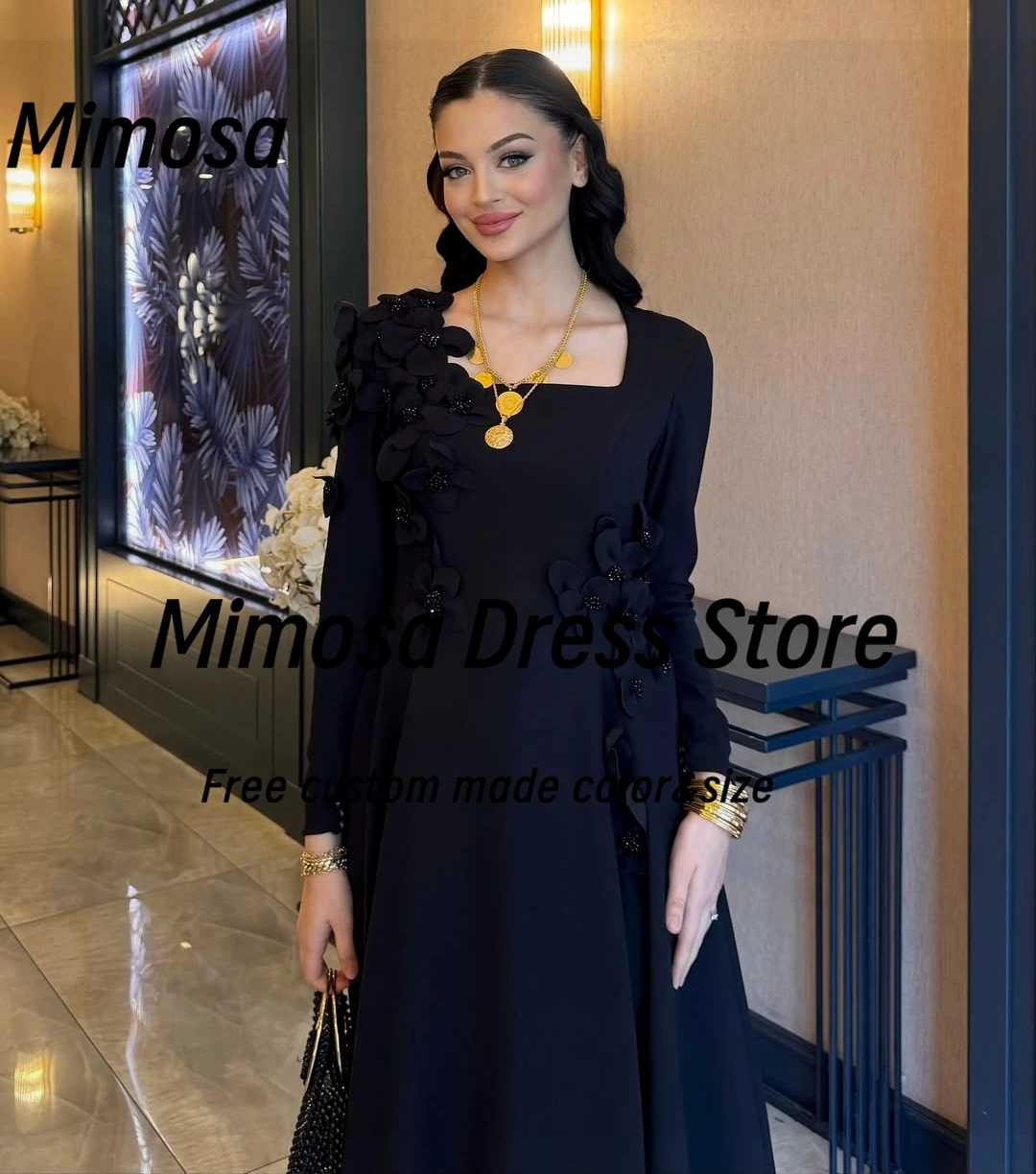Mimosa-vestidos de fiesta de noche negros, bata de manga larga con cuello cuadrado, flores con cuentas, vestido de fiesta de boda personalizado