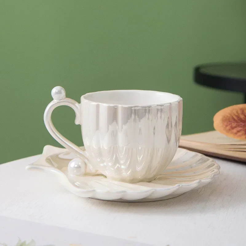 Ins Style Gradient Pearl Shell Household Good-looking Afternoon Tea Cup and Saucer Exquisite Ceramic Coffee Cup Cup Set