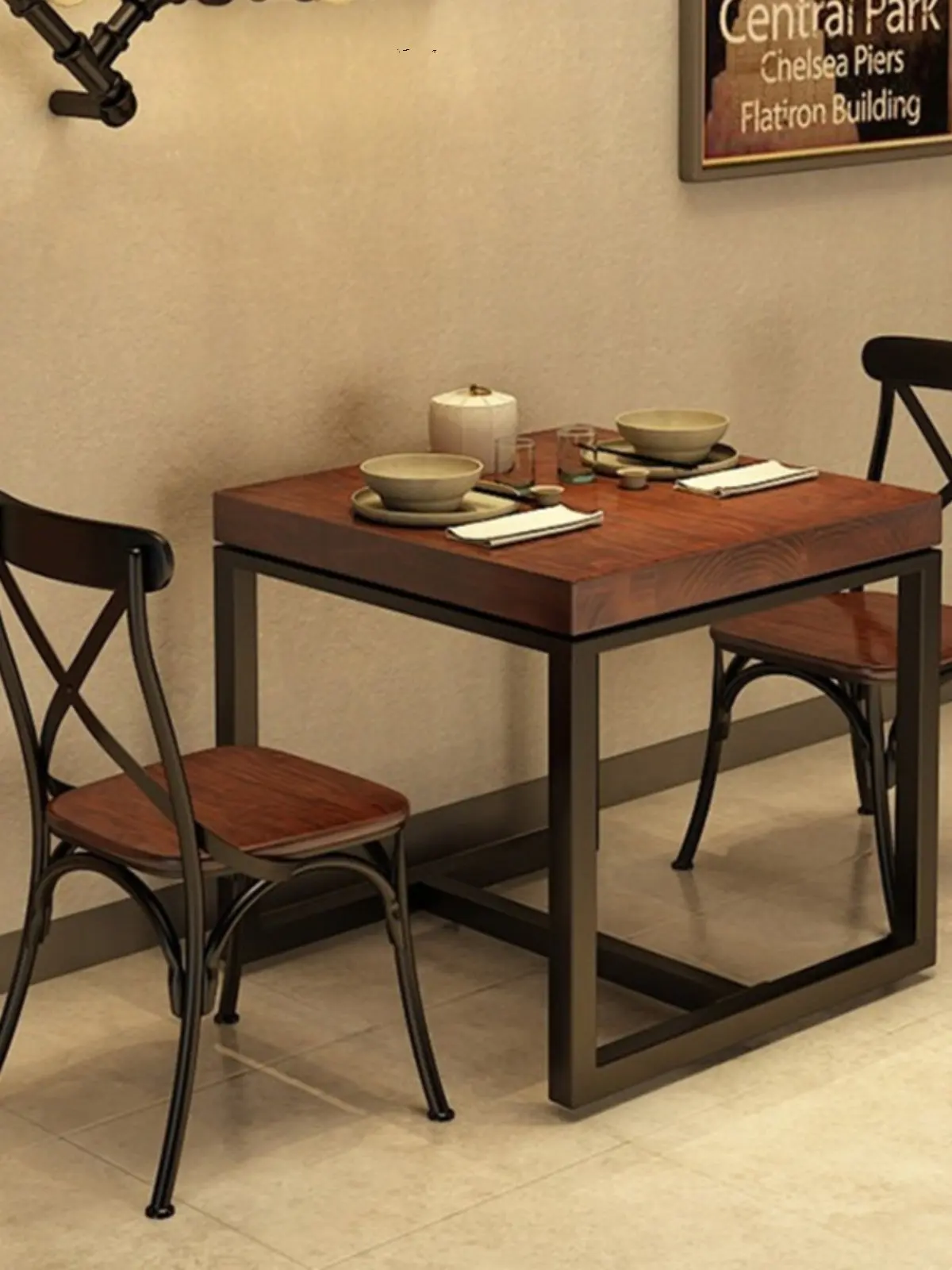 Solid wood cafe snacks desserts milk tea shop dining table and chair combination double square hot pot shop table and chair