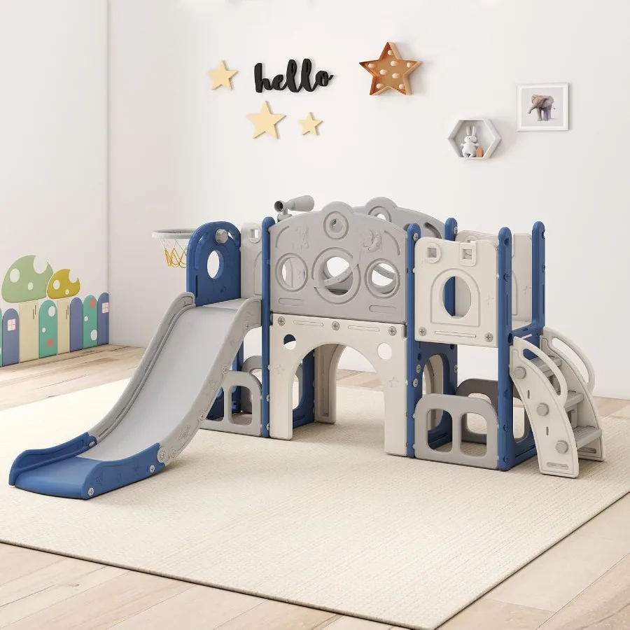 

8 in 1 Toddler Slide Set - Slide with Basketball Hoop Playset for with Easy Climb Stairs Storage Toddler Indoor Outdoor