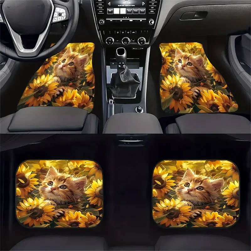 4 Cute Cat Sunflower Pattern Car Floor Mat 4pcs Set, Universal Anti-slip Crystal Velvet Material, Decorate The Interior Space, E