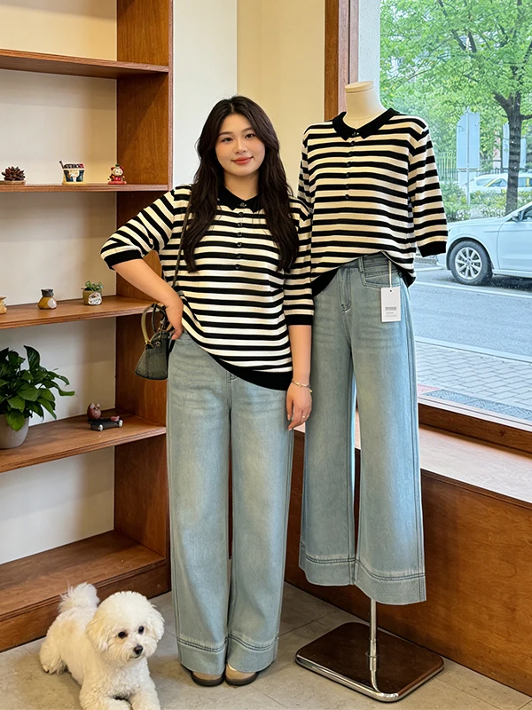 

plus Size Ice Silk Neck Striped Short Sleeve T-Shirt Women's Loose Slimming Knitted Versatile Summer Top Korean Style