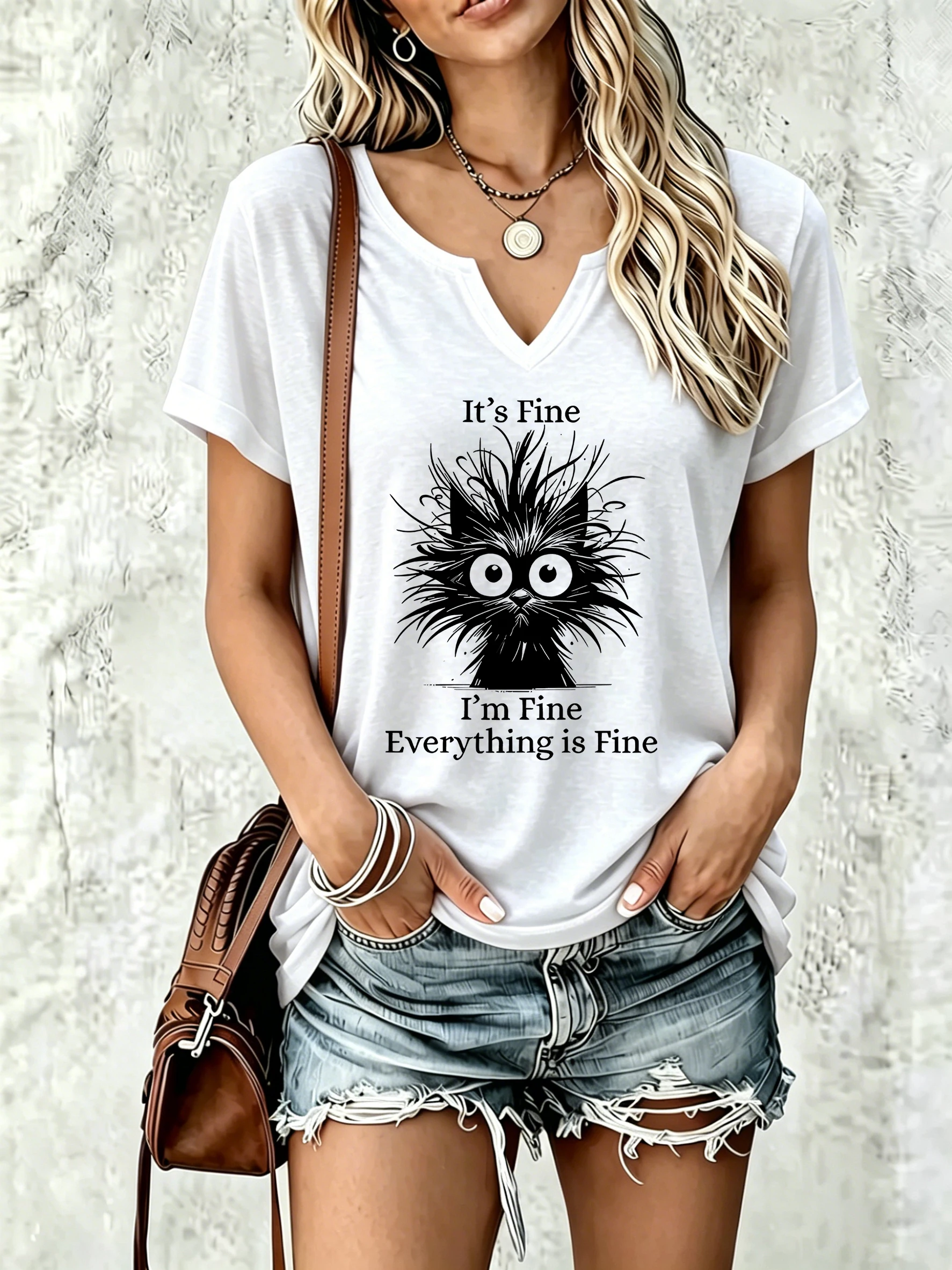 Women Summer Notch V Neck Short Sleeve T-Shirt, It's Fine I'm Fine Everything Is Fine Frazzled Cat Graphic Print Casual Tee