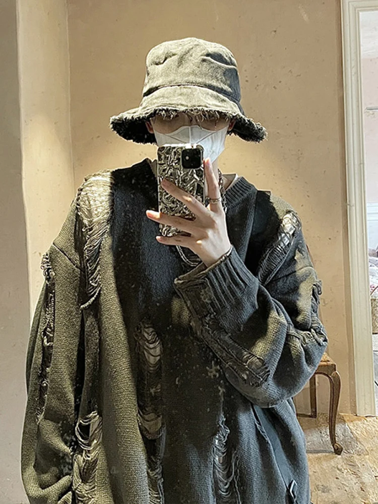 

Мужской винтажный свитер в стиле High Street с эффектом потертости, плотный трикотажный джемпер с отверстиями, двусторонний, в американском повседневном стиле