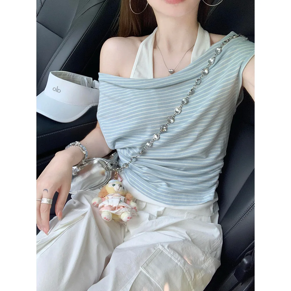 

Casual Striped Halter Off-Shoulder Short Sleeve T-Shirt for Women Summer Fashion Loose Fit Fake 2pcs Top Chic Blue Daily Wear