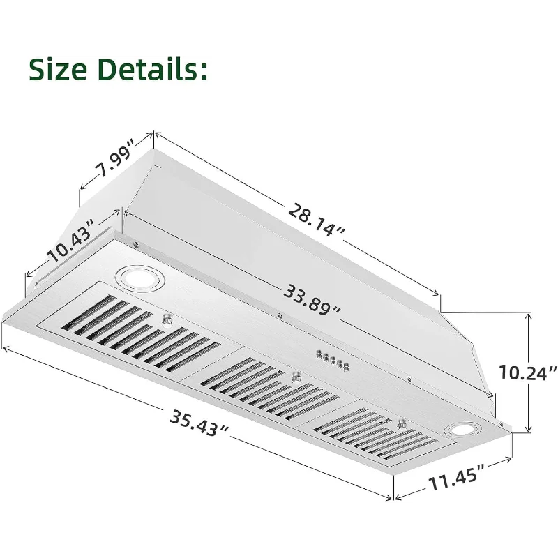 شفاط المطبخ إدراج 36 بوصة 600CFM الفولاذ المقاوم للصدأ المنزلية المدمج في غطاء فتحة التهوية أنبوبي/بدون قنوات قابلة للتحويل، تهوية المطبخ