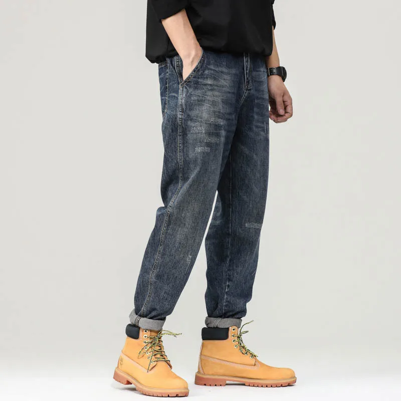 High quality long baggy jeans for men plus size ripped stone wash cotton denim vintage casual trousers new 2024 clothing - blue