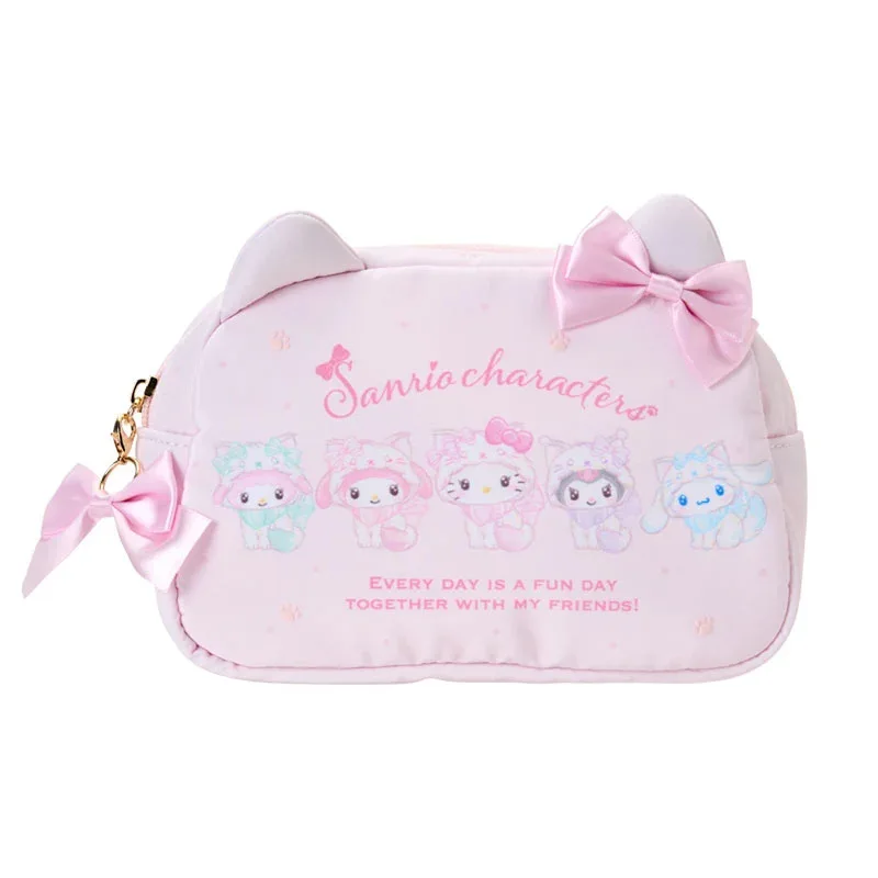 

Sanrio Characters Cute Pink Makeup Bag with Bow Cat Ear Design Zipper Cosmetic Pouch for Girls Daily Travel Gift