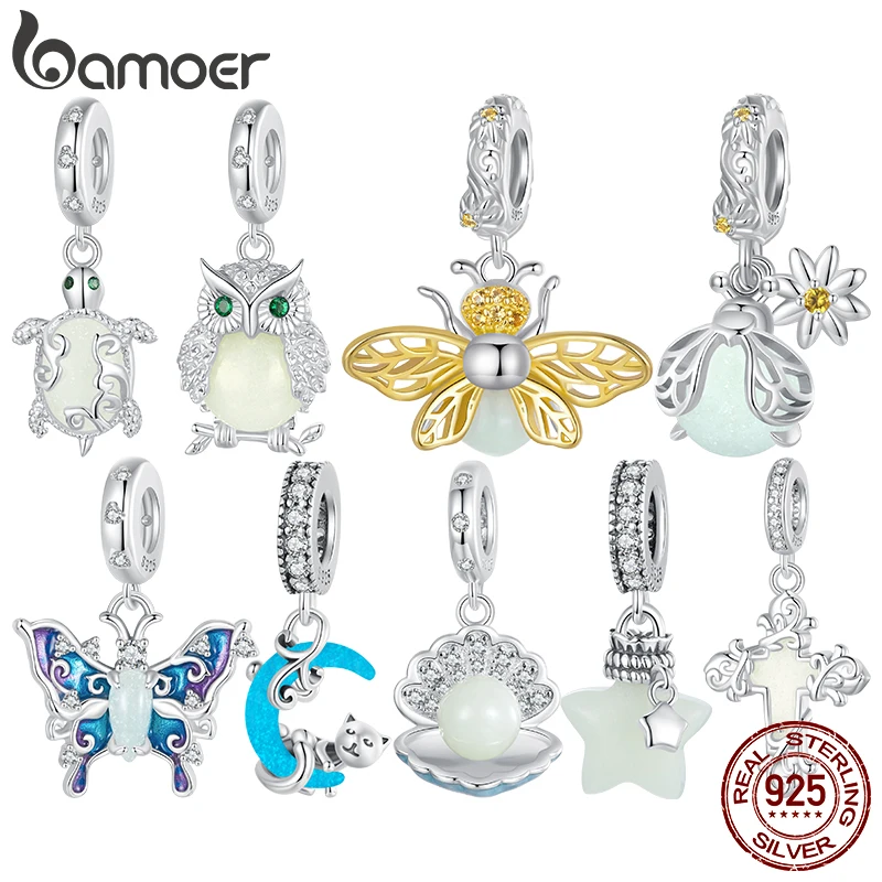 Bamoer Original 925 Sterling Silver Insect Glow Pendant Luminous Charms for Women Bracelet & Necklace DIY Fine Jewelry Gifts