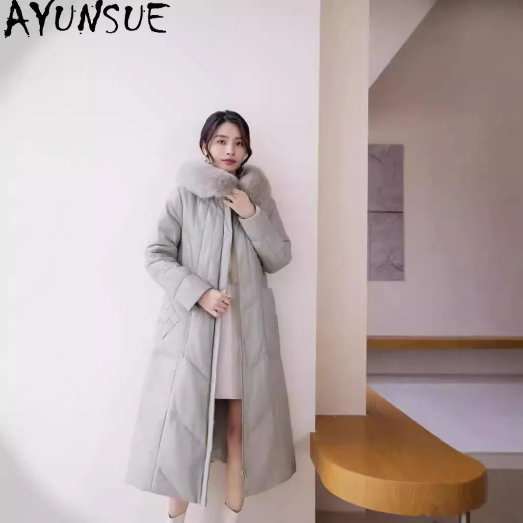 AYUNSUE Sheepskin Genuine Leather Jacket Women Warm Fox Fur Collar Long Style Winter Clothes Fashion Down Coat Woman Hoodie
