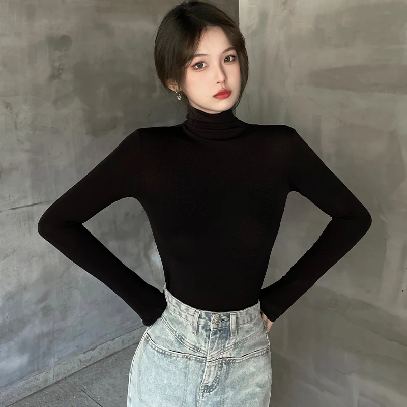 

Women's Solid Color Turtleneck Long Sleeve Top - Breathable Layering Basic