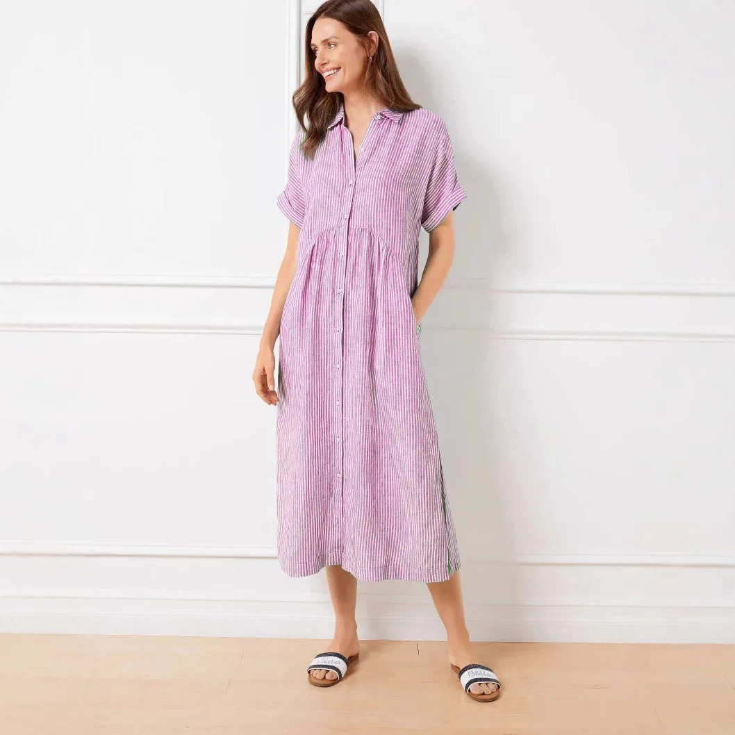 

Loose Plus Size Striped Short Sleeve Shirt For Women Summer New Casual Cotton Linen Mid-Length Dress