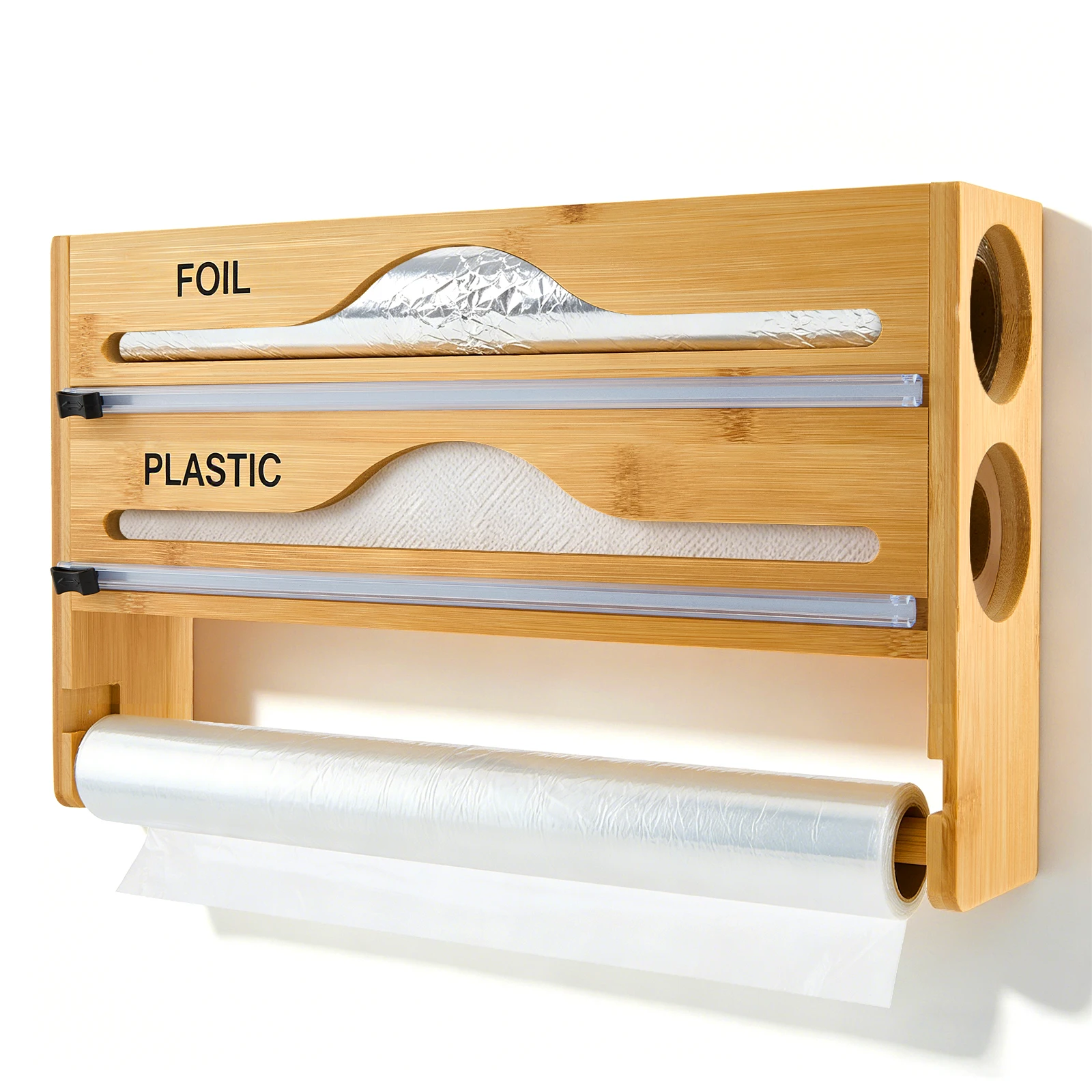 Taglierina 3 in 1 per pellicola in legno, dispenser per pellicola trasparente con supporto per rotoli da cucina da appendere a parete o a armadio, per rotoli di larghezza 30,7 cm o inferiore, adatta