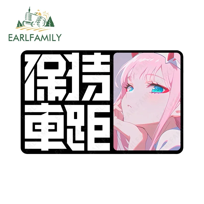 EARLFAMILY Keep A Safe Distance Anime Car Accessories Zero Two Face Stickers Graffiti Auto Decal Campervan Windshield Decals