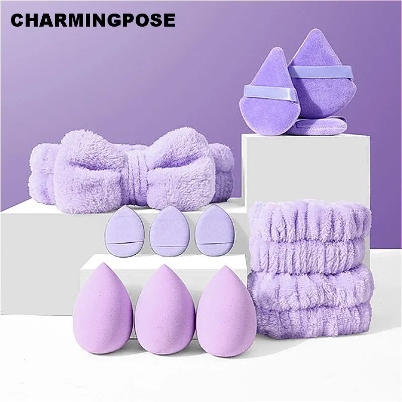 12Pcs Makeup Sponge Kit with Spa Headband, Foundation Blending Egg & Velvet Powder Puff, Complete Cosmetic Tools Set for Women -