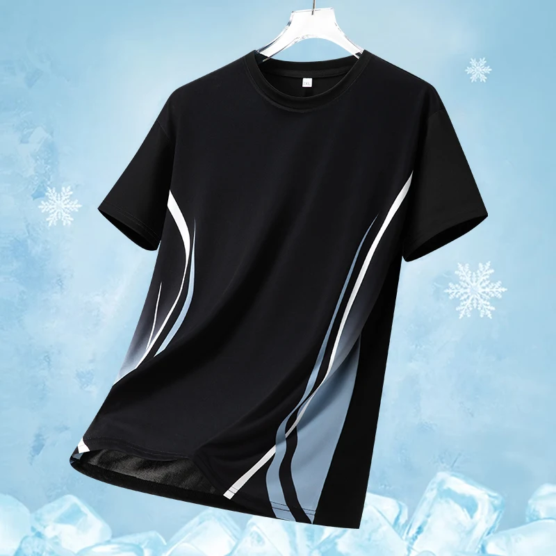 

New fashionable casual sports ice silk T-shirt for young men, short sleeved lightweight quick drying ice silk round neck top