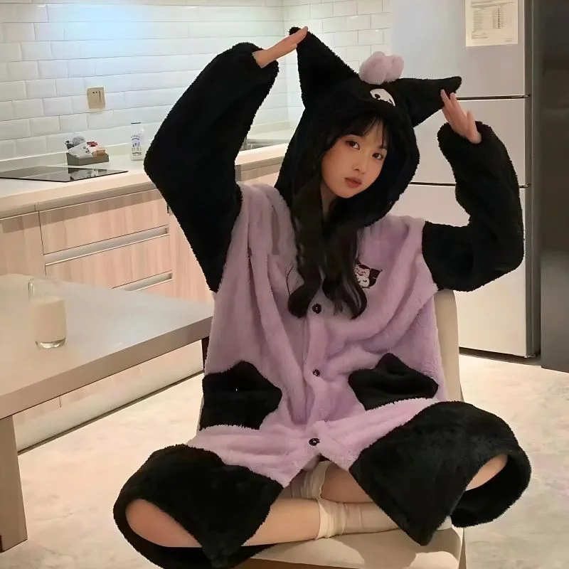 سانريو الكرتون كورومي بيجامة مجموعة فتاة جديدة الشتاء الكرتون المرجان الصوف رداء اصطف سميكة منتصف طول بيجامة مجموعة هدية الكريسماس #6