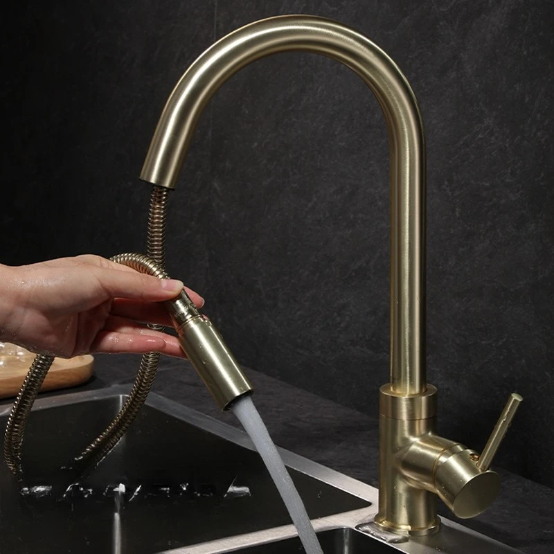 Antique Copper Pull-out Kitchen Faucet, Household Vegetable Basin Sink, Rotating Hot and Cold Dual-use Splash Proof Faucet