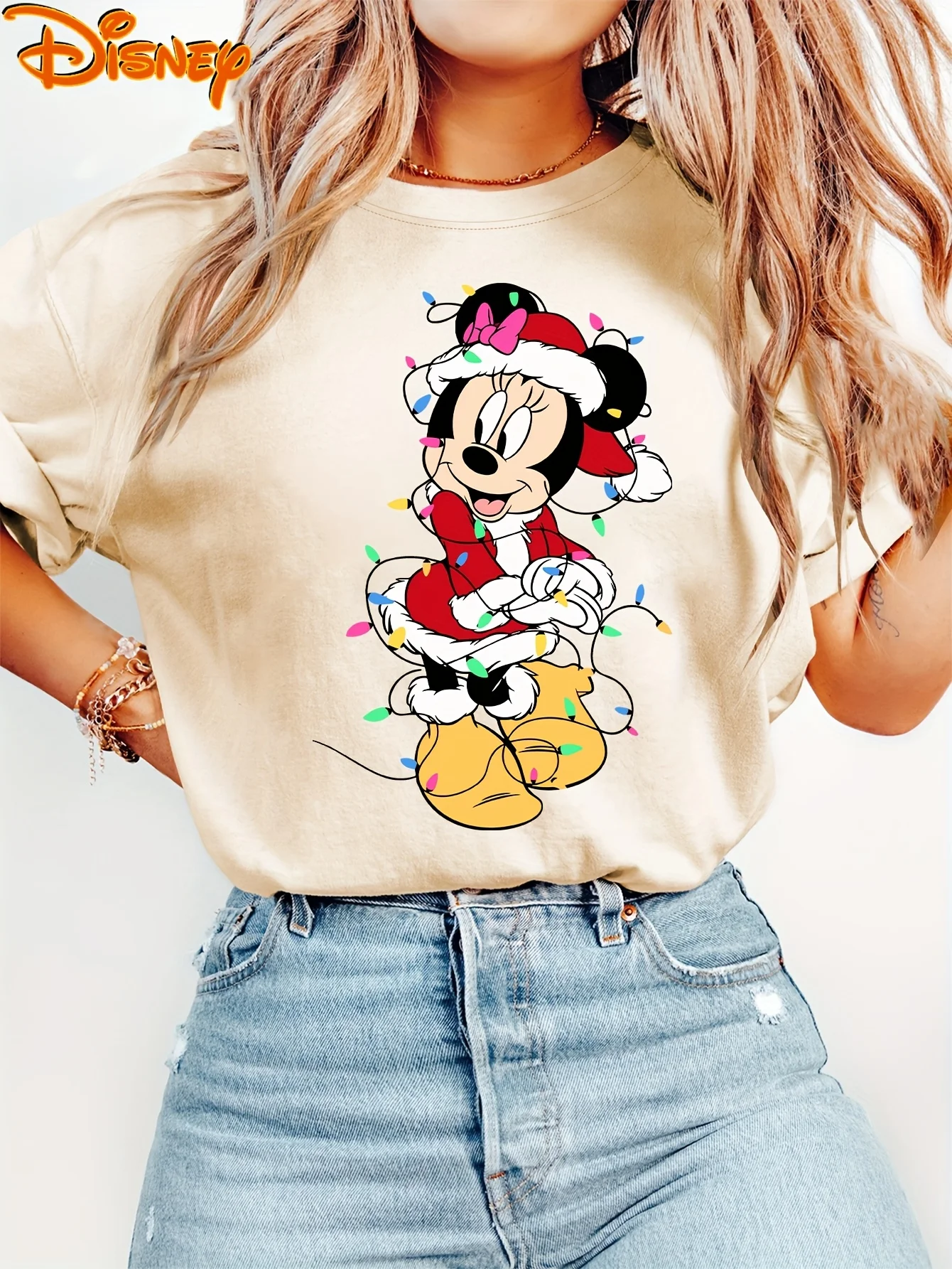 

Women's Disney Minnie Mouse Christmas Lights T Shirt Men Cotton Tee O-Neck Casual Oversize Short Sleeve Streetwear Donald Duck