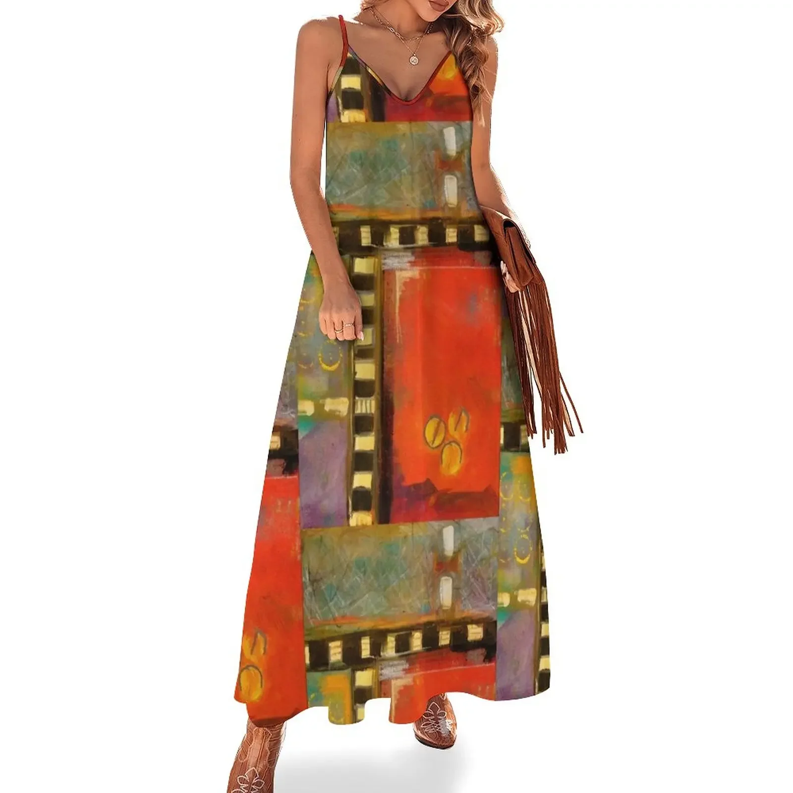 

Modern Grid Hand Painted Abstract Art Design Sleeveless Dress Dress for pregnant women Women's summer dress Cocktail of dresses