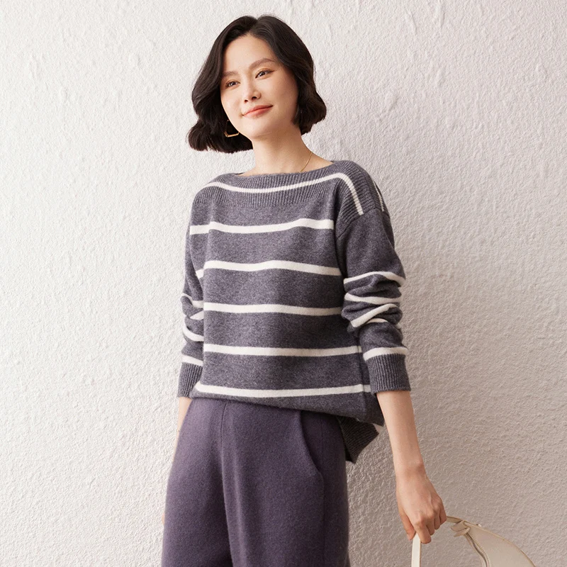 

Off-Shoulder 100% Cashmere Sweater Autumn Winter Women Long Sleeve Striped Sweater Comfortable Versatile Casual Loose Base Shirt