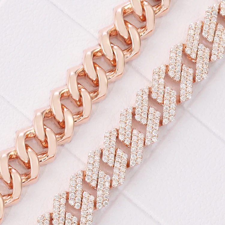 Cuban Pink Chain Pure Silver Plated 18K Gold 8mm Wide Handmade Insert 2 Rows Vvs Moissanite Cuban Link Chain.