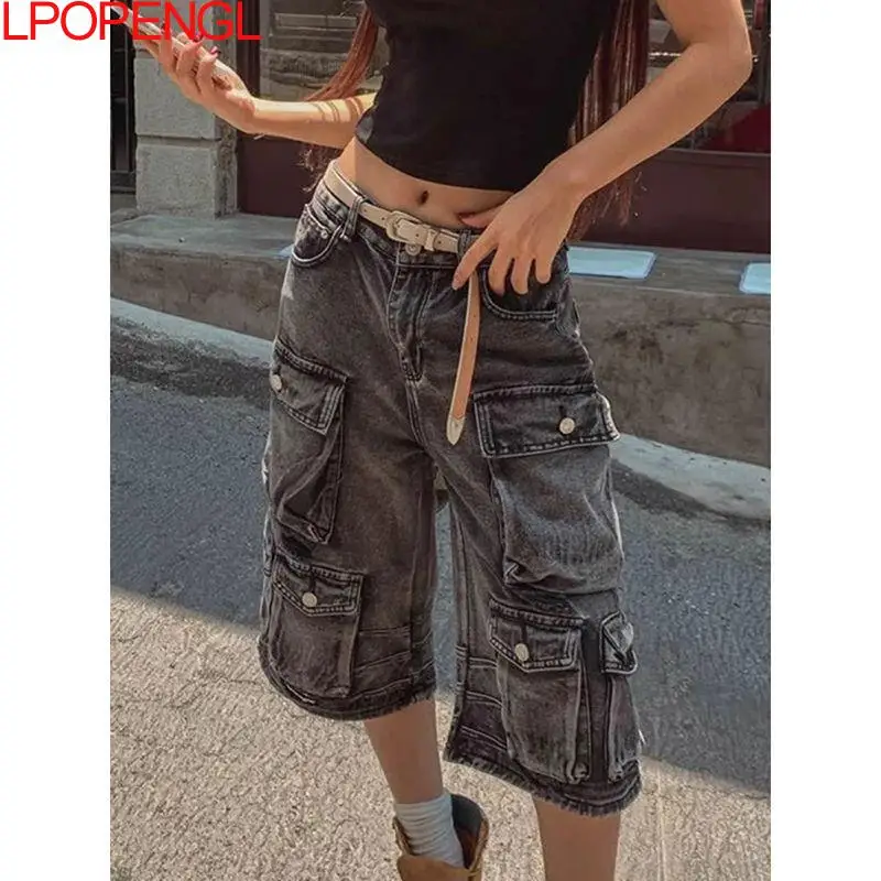 American High Street Retro Wide Leg Jeans Women Summer 2026 New Loose Personalized Streetwear Straight Button Calf-length Pants