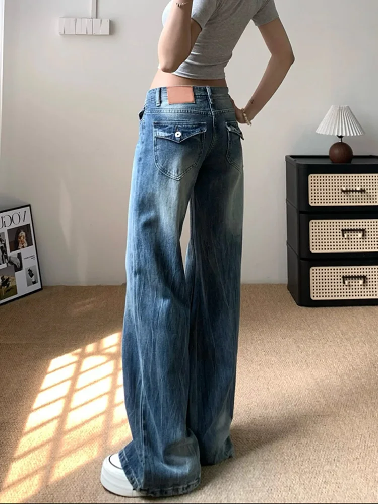 Retro American Washed Low Waist Distressed Denim Jeans Women's Loose Micro Flared Pants Autumn New Style Individuality