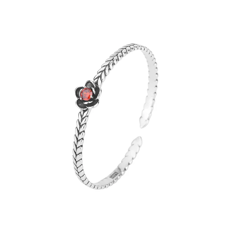 النمط الأوروبي الرجعية الأحمر كريستال الإسورة 925 فضة زهرة شخصية موضة رائعة افتتاح ورقة أساور TYB086