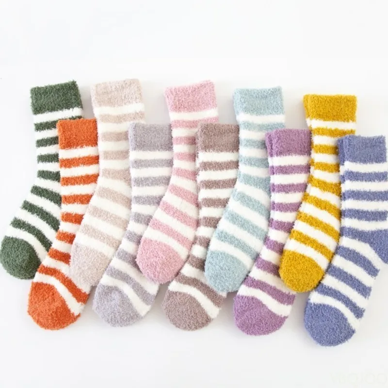 Non Shedding Striped Coral Fleece Socks Children Socks Cross-border Women Slippers Socks Hairy Sleeping Socks Half Flannel Socks