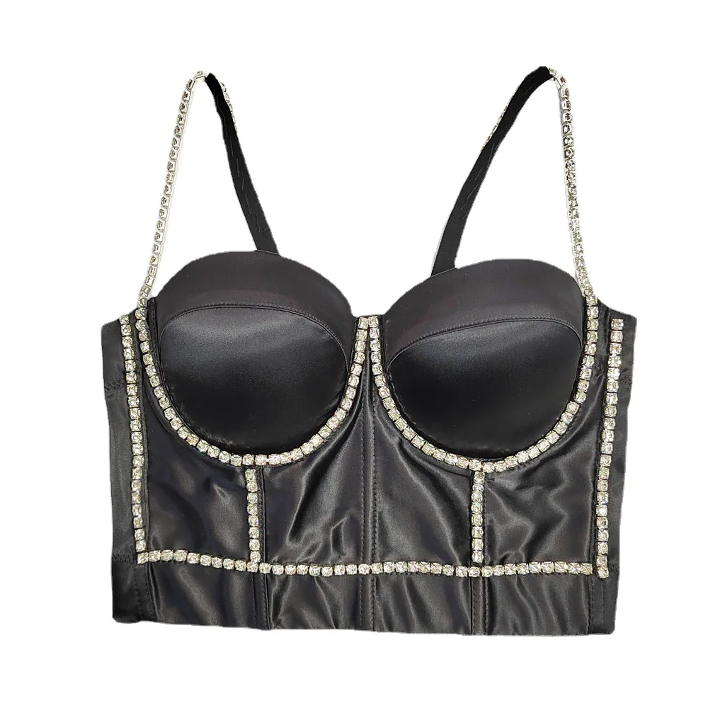 

Satin Bustier Corset Top with Cups - Acetate Strappy Bustier with Rhinestone Chains & Fishbone Boning (Trendy Bodycon) Lingerie